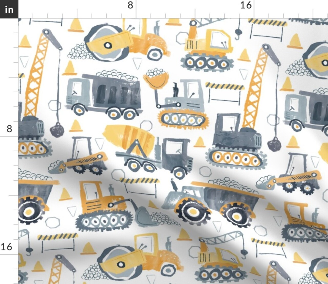 Nursery Construction Yellow Gray Trucks Kids Building Watercolor Bulldozer Excavator Custom Printed Fabric by Spoonflower Various Fabrics by the Yard or Fat Quarter